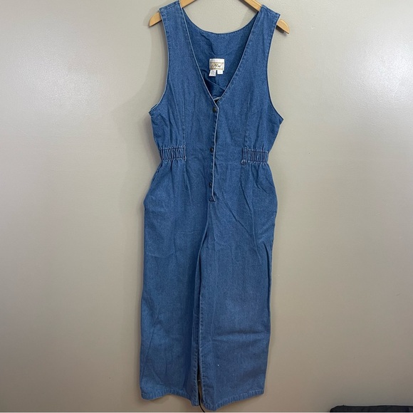 Vintage Pants - VINTAGE Denim Jean Jumpsuit size 12 pockets wide leg western retro Cottagecore